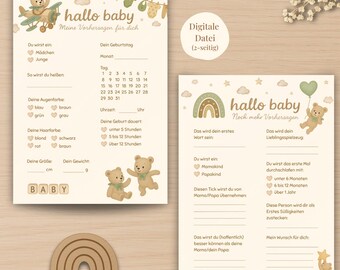 Baby Shower Prediction Card Boho Teddy | 2-page Baby Shower Game with Bears | Hello Baby Guessing Game | Baby Shower Boho | PDF Download German
