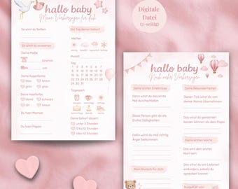 Biglietto di previsione per baby shower rosa | Gioco per baby shower a due lati | Baby shower per bambine | Design carino per bambine | Gioco di indovinelli "Ciao bebè" | Download PDF