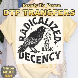 May include: A light yellow t-shirt featuring a black graphic print of a crow holding a sprig. The text reads RADICALIZED BY BASIC DECENCY. The design has a distressed texture and includes small star accents surrounding the central bird illustration.