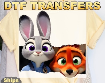 Disney Zootopia DTF Transfers, Judy Hopps Heat Press Transfers, Nick Wilde, Retro Zootropolis Disney, Zootopia Fox And Bunny Tee