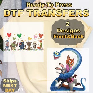 K&ouml;nnte beinhalten: Gelbes DTF-Transferblatt mit zwei Designs. Ein Design zeigt Zeichentrickfiguren mit Luftballons. Das andere Design zeigt einen Fuchs und ein Kaninchen, die von einer blauen Schlange umschlungen werden. Der Text lautet "Ready To Press DTF TRANSFERS" und "2 Designs Front&Back".