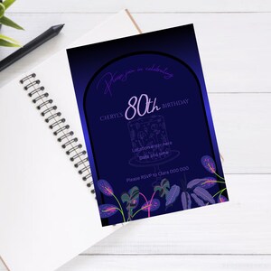 80th Birthday Invitation Template design editable birthday invite for 80th birthday purple with leafy designs womens 80th party invite