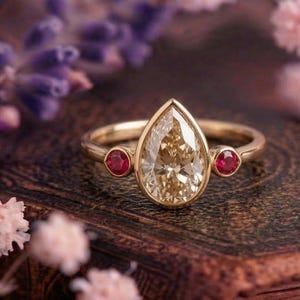Pear Cut Moissanite Engagement Ring, Bezel Set Pear Diamond Ring, Red Ruby Side Stone Wedding Ring, 14K Gold Toi Et Moi Inspired Ring Gift