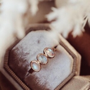 Oval Cut Blue Moonstone Engagement Ring, Bezel Rainbow Moonstone Ring, 14K Rose Gold Unique Women Ring June Birthstone Ring Anniversary Gift