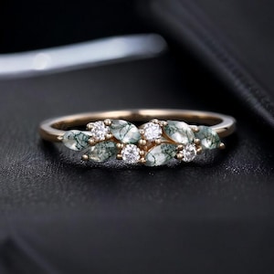 Natural Moss Agate Engagement Ring 14K Rose Gold Promise Ring Nature Inspired Bridal Ring Green Gemstone Ring Jewelry Gifts For Wife