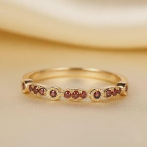 Red Garnet Half Eternity Ring, Dainty Garnet Band, Wedding Engagement Ring For Her, Propose Jewelry
