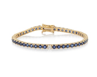 Pulsera de tenis de zafiro en oro de 14 quilates con un diamante | Pulsera de zafiro vintage Art Déco en oro, regalo para ella, regalo de aniversario para mujer