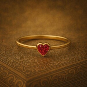 Könnte beinhalten: Ein goldener Ring mit einem herzförmigen, roten Edelstein. Der Ring liegt auf einer detaillierten, braunen Oberfläche. Der Edelstein hat eine leuchtend rote Farbe, und der Ring ist aus dünnem, poliertem Gold.