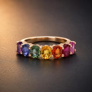 Könnte beinhalten: Ein Ring aus Roségold mit einer Reihe von sieben oval geschliffenen Edelsteinen in einem Farbspektrum aus Violett, Blau, Grün, Gelb, Orange, Rot und Pink, die jeweils in einer Krappenfassung auf der oberen Hälfte der Ringschiene sitzen.
