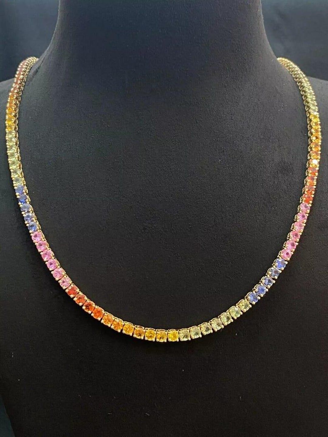 Natural Sapphire Unisex Round Rainbow Necklace in Rainbow Tennis