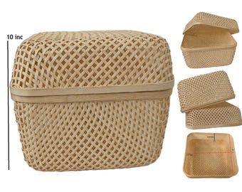 Handwoven Bamboo Storage Basket with Lid – Natural Woven Organizer (11x11x10 inches)