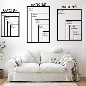 May include: Three framed art print size ratio guides are displayed on a white wall. The guides show the dimensions in inches and centimeters for 3:4, 2:3, and 4:5 ratios. A white sofa and plant are in the foreground.