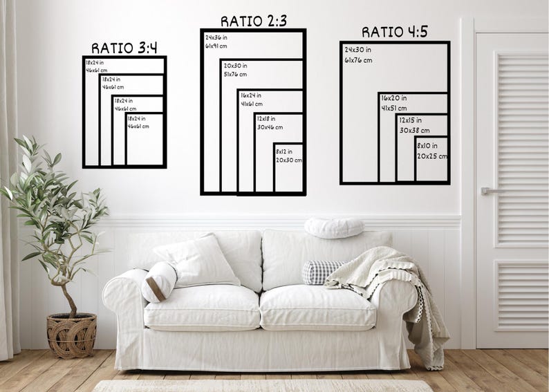 May include: Three framed art print size ratio guides are displayed on a white wall. The guides show the dimensions in inches and centimeters for 3:4, 2:3, and 4:5 ratios. A white sofa and plant are in the foreground.