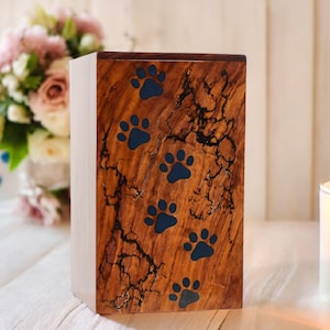 Rosewood Pet Urn with Blue Paw Prints: Dog & Cat Memorial Box
