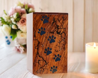 Palisander Urne mit blauen Pfotenabdrücken: Gedenkbox für Hunde & Katzen