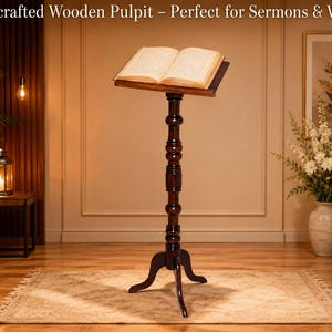 May include: A handcrafted wooden pulpit with a tall, ornate design. The pulpit features a book rest and a dark brown finish. The image includes the text "Handcrafted Wooden Pulpit - Perfect for Sermons & Worship".