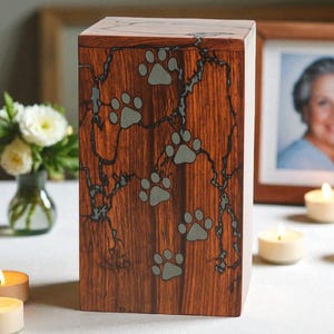Paw Print Wooden Pet Cremation Urn: Handmade Dog & Cat Memorial Box