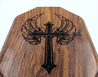 Handcrafted Wooden Cremation Urn: Cross & Angel Wings, Christian Memorial
