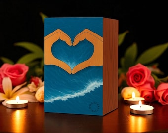 Handmade Wooden Cremation Urn: Ocean Wave Resin Heart Inlay Memorial Box