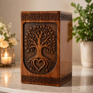 May include: A wooden urn with a carved tree of life design. The tree features a heart-shaped root system. The urn is rectangular with decorative trim and a glossy finish. The color is a warm brown.