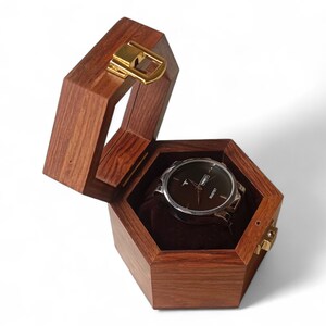 Scatola porta orologi esagonale in legno - Scatola regalo in palissandro con 1 slot, realizzata a mano, custodia rustica per orologi da uomo per esposizione e conservazione