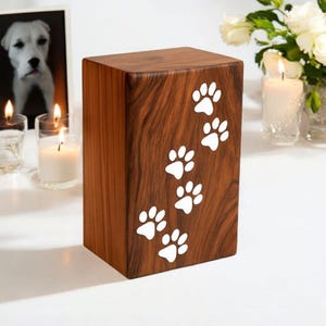 Rosewood Pet Urn with Paw Prints: Handcrafted Dog Memorial