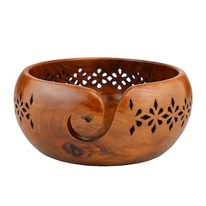 Handcrafted Wooden Yarn Bowl for Knitting & Crocheting – Handcrafted Rosewood Yarn Holder with Needle Holes | Ideal Yarn Storage Gift