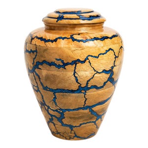 Handcrafted Wooden Urn with Blue Resin Inlay – Unique Cremation Urn for Ashes, Memorial Keepsake&quot;