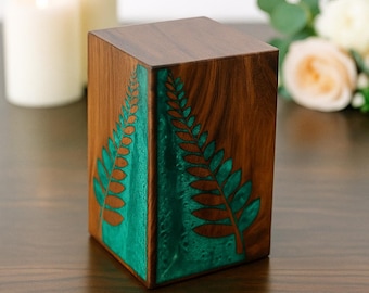 Personalized Rosewood Cremation Urn: Teal Leaf Inlay, Engraved Memorial Box