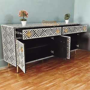 Handmade Bone Inlay 2 Drawer 4 Door Buffet Cabinet – Black Optical Design Sideboard – Handmade Storage Furniture – Custom Size Available