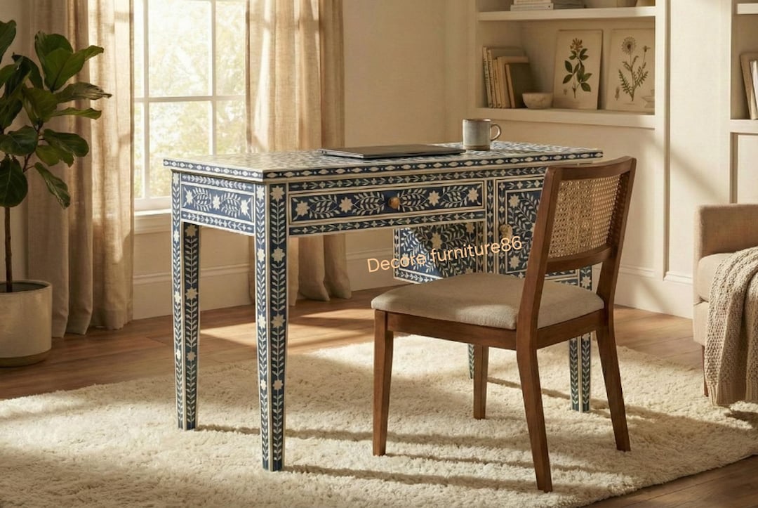 New Handcrafted Blue & White Bone Inlay Work Desk | 1 Drawer 1 Door ...