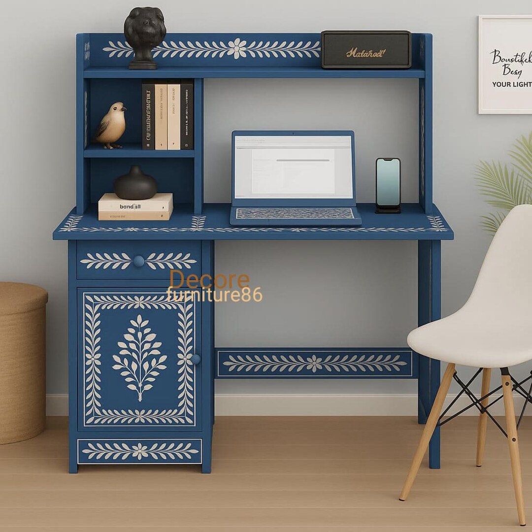 Bone Inlay Work Desk Blue White Handmade Study Table With Storage - Etsy