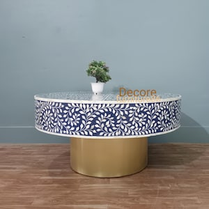 Handmade Blue Bone Inlay Coffee Table: Boho Floral Living Room Centerpiece