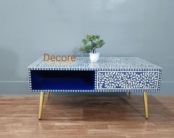 Blue Bone Inlay Coffee Table: Handmade Floral Boho Decor