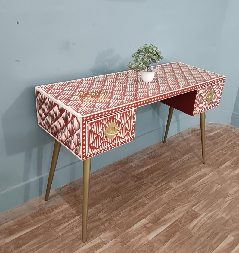 Handmade Bone Inlay Desk: Red Geometric Pattern, 2 Drawers - Etsy