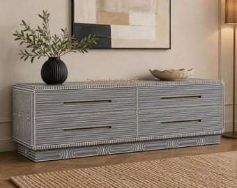 Handmade Bone Inlay 4 Drawer Media Cabinet, Luxury Geometric Floral Entertainment Console