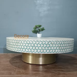 Handmade Bone Inlay Round Coffee Table | Blue & White Handmade Centerpiece | Coffee Table with Brass Base | Living Room Decor