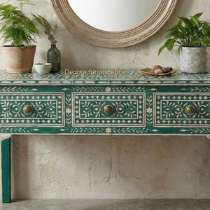 Handcrafted Green Bone Inlay Console Table | 3 Drawer Floral Design Entryway Table