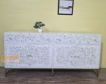 New handmade Mother of Pearl Inlay Buffet: New White Floral Boho Cabinet