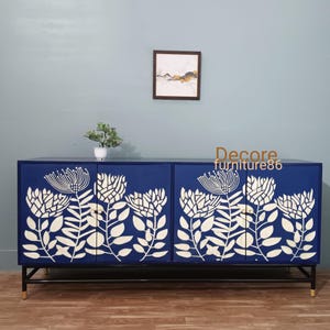 Handmade Blue Bone Inlay 4 Door Cabinet – Handmade Media Console Sideboard – Storage Buffet – Custom Size Available