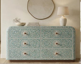 Mother of Pearl Inlay 6 Drawer Chest, Sea Green Floral Dresser, Wooden Knobs