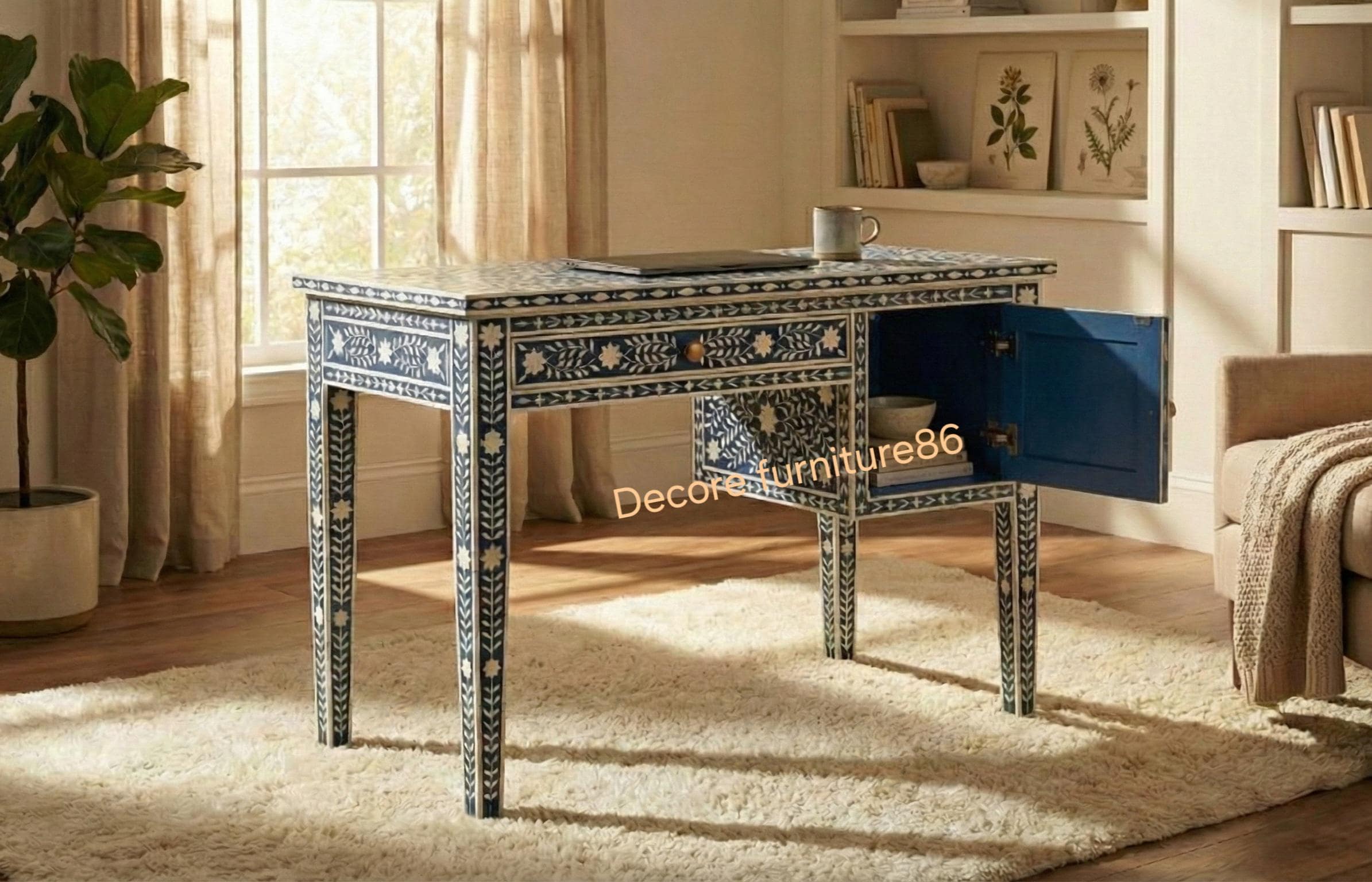 New Handcrafted Blue & White Bone Inlay Work Desk | 1 Drawer 1 Door ...