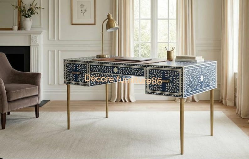 New Bone Inlay Work Desk Blue White Handmade Study Table With 3 Drawer ...