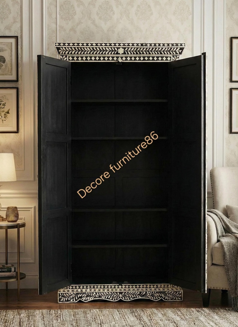 Handcrafted Black & White Bone Inlay 2 Door Wardrobe Cabinet | Floral ...