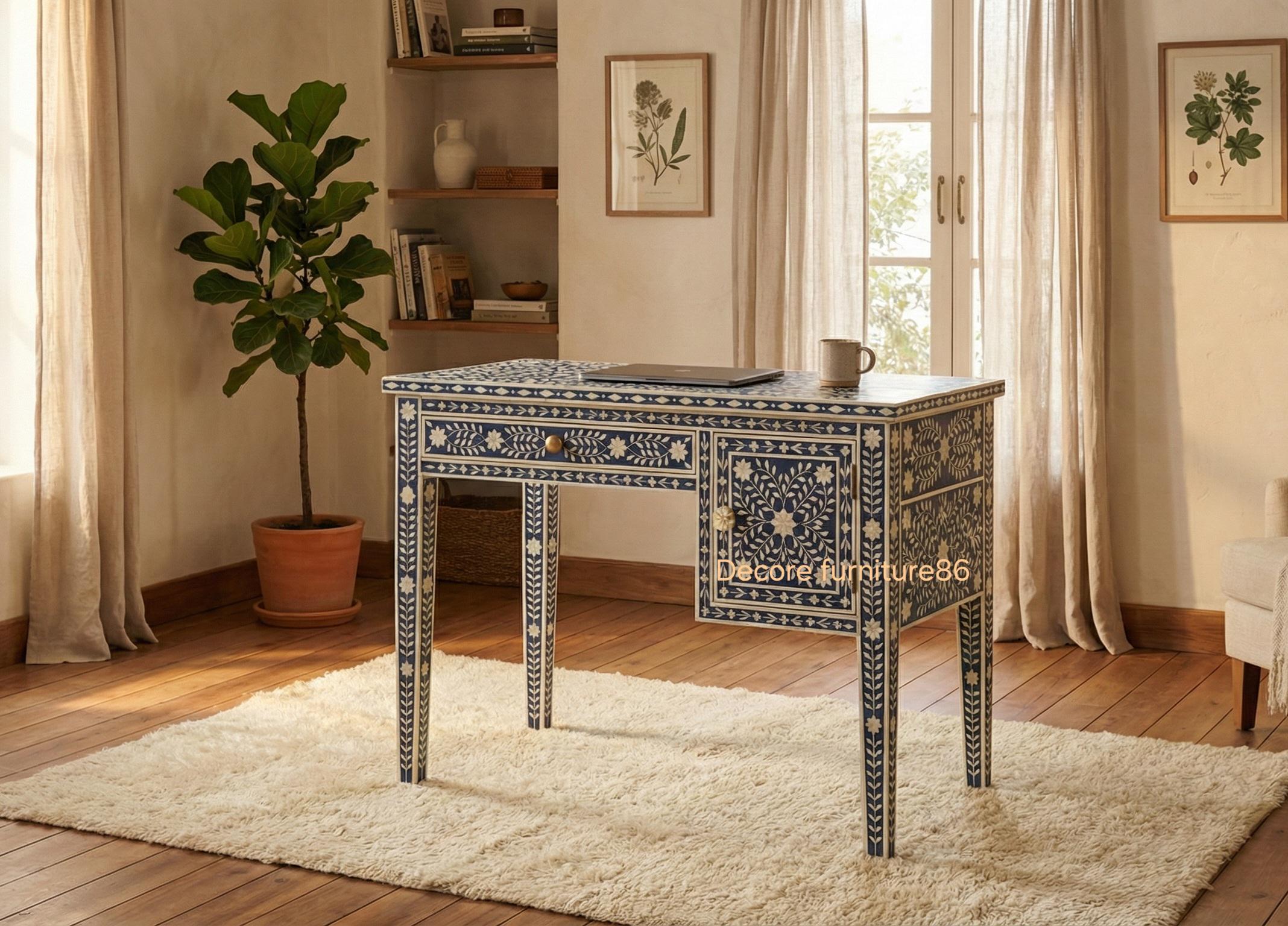 New Handcrafted Blue & White Bone Inlay Work Desk | 1 Drawer 1 Door ...