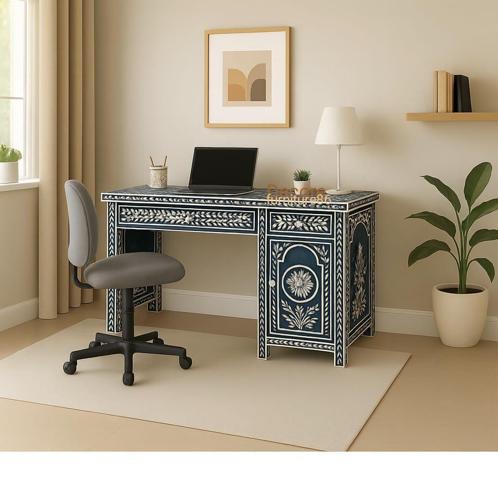 New Bone Inlay Work Desk Blue White Handmade Study Table With Storage ...