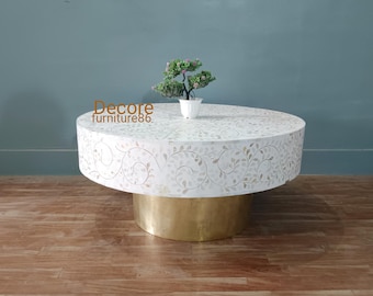 Handmade Mother of Pearl Inlay Coffee Table: Floral Bone Inlay Centerpiece