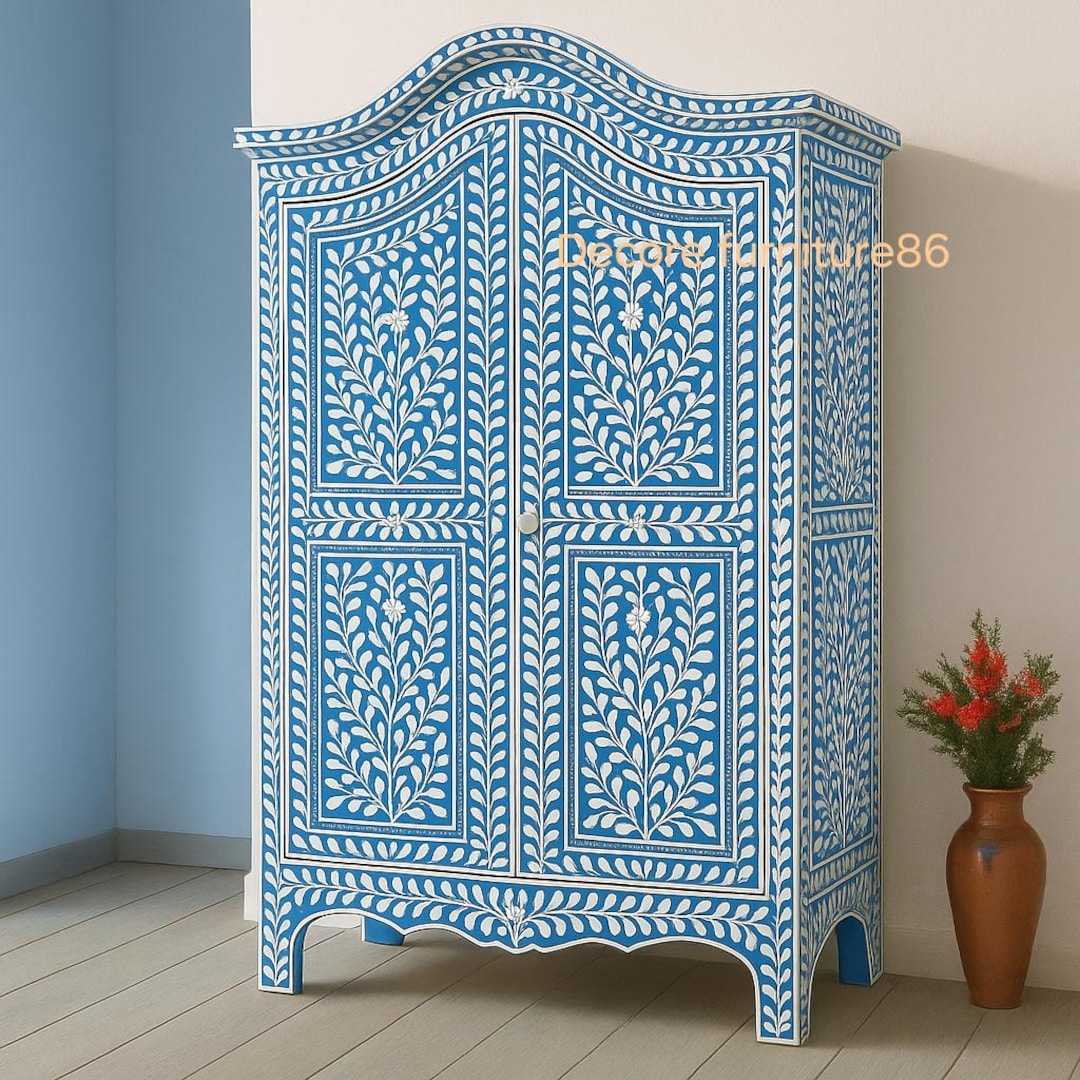 Handmade Blue White Bone Inlay Wardrobe Cabinet Floral Design Storage ...