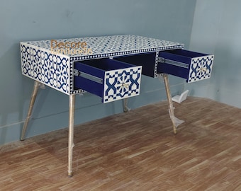 Blue Bone Inlay 2 Drawer Work Desk -Handmade Office Table, Moroccan Floral Pattern, Solid Wood Desk with Storage, Boho furniture Table