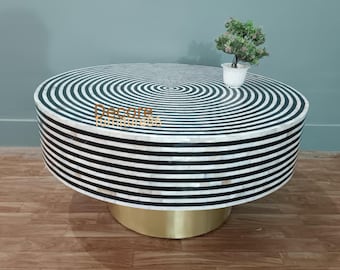 Handmade Mother of Pearl Inlay Coffee Table: Black and White Bone Inlay Centerpiece